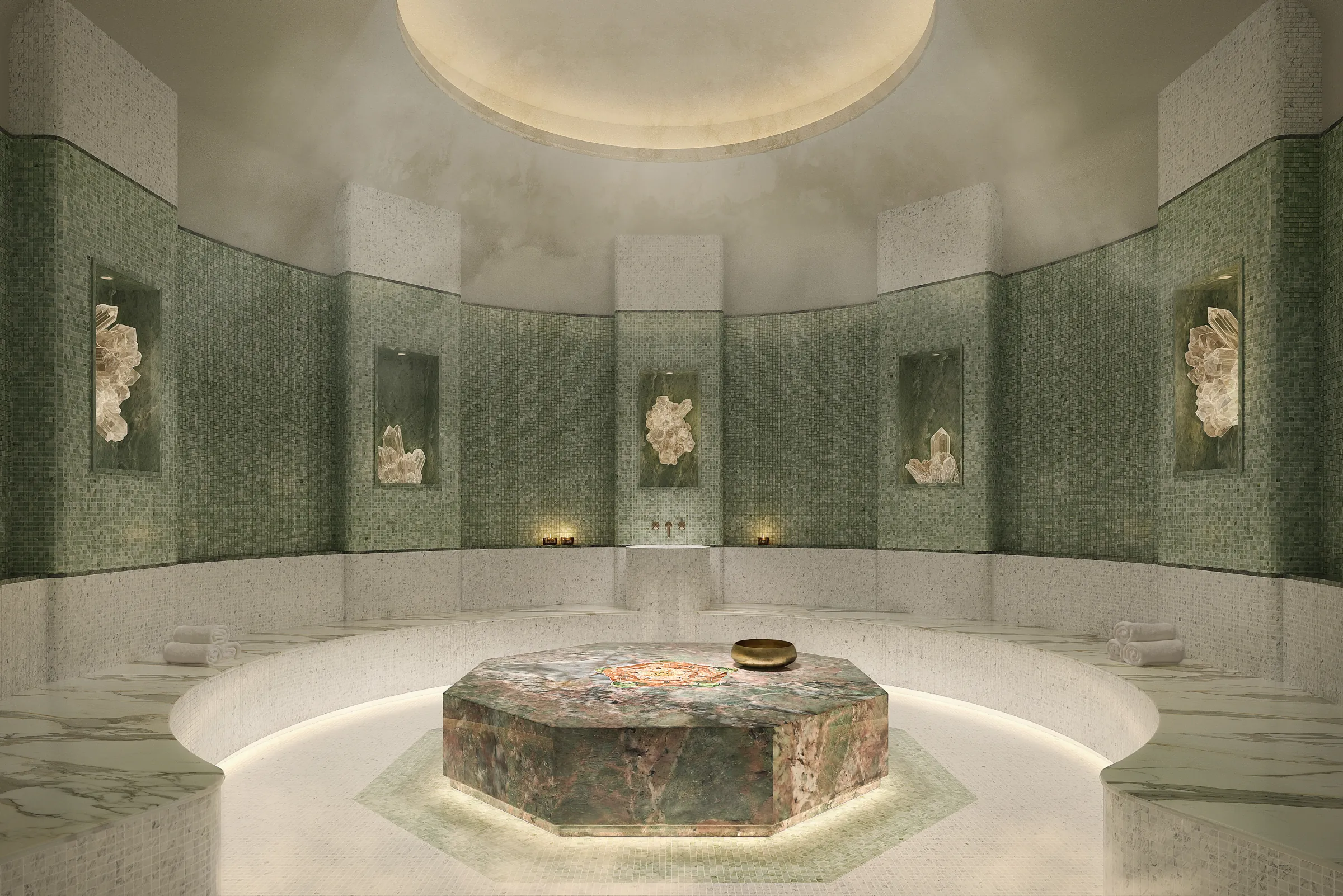 Serene hammam-style spa with steam and stone