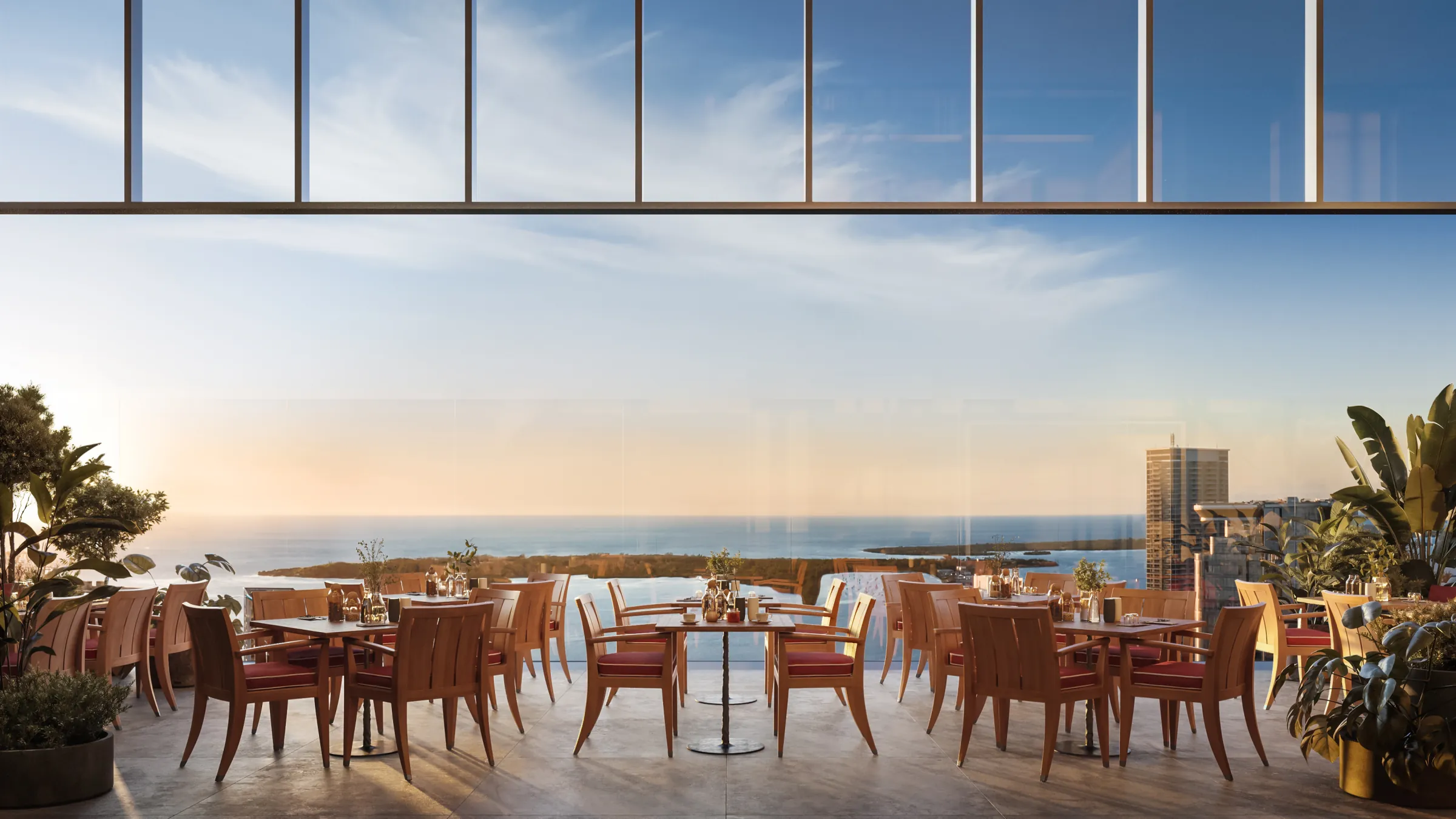A Miami terrace overlooking the ocean at sunset