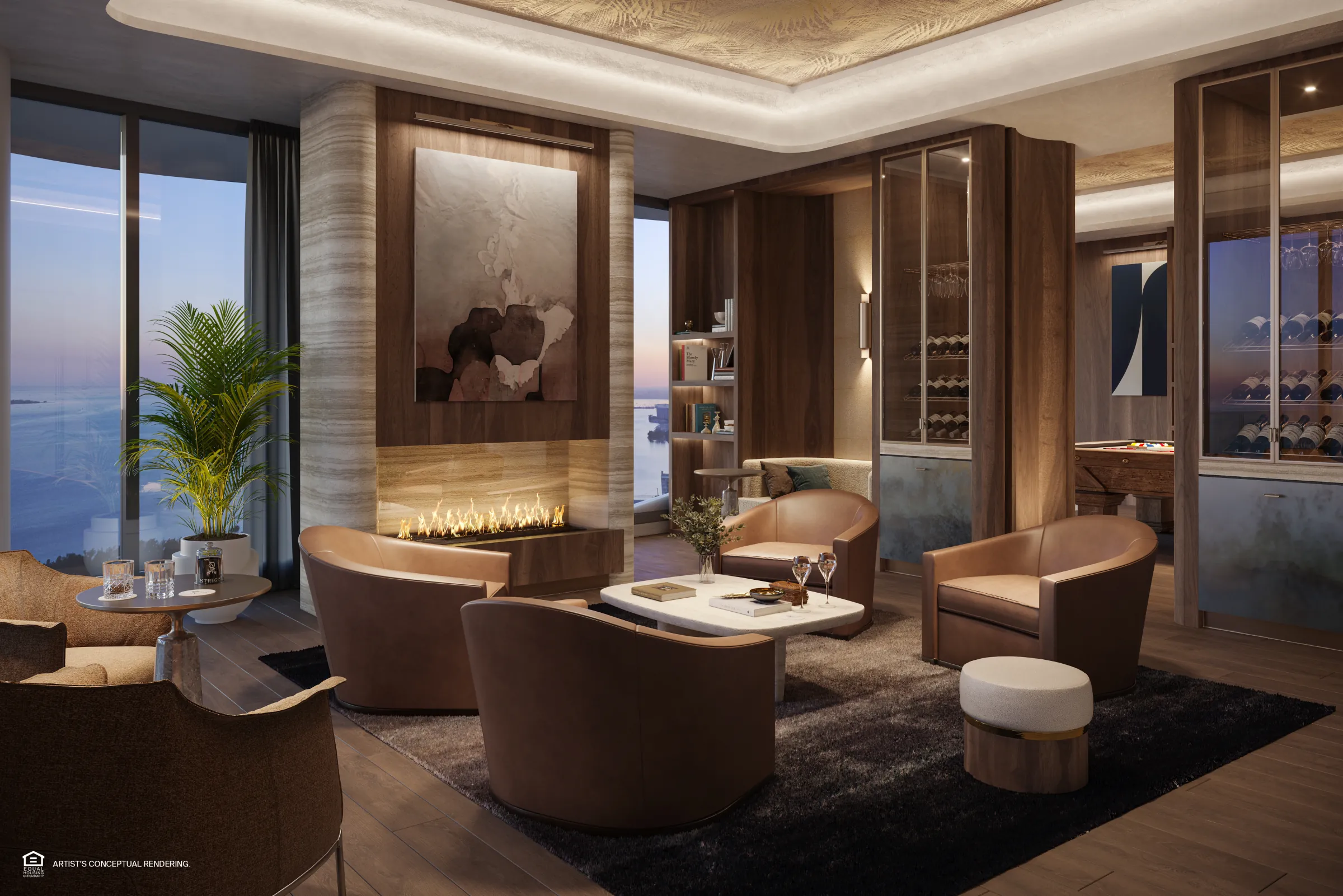 Private members' lounge with fireplace at dusk