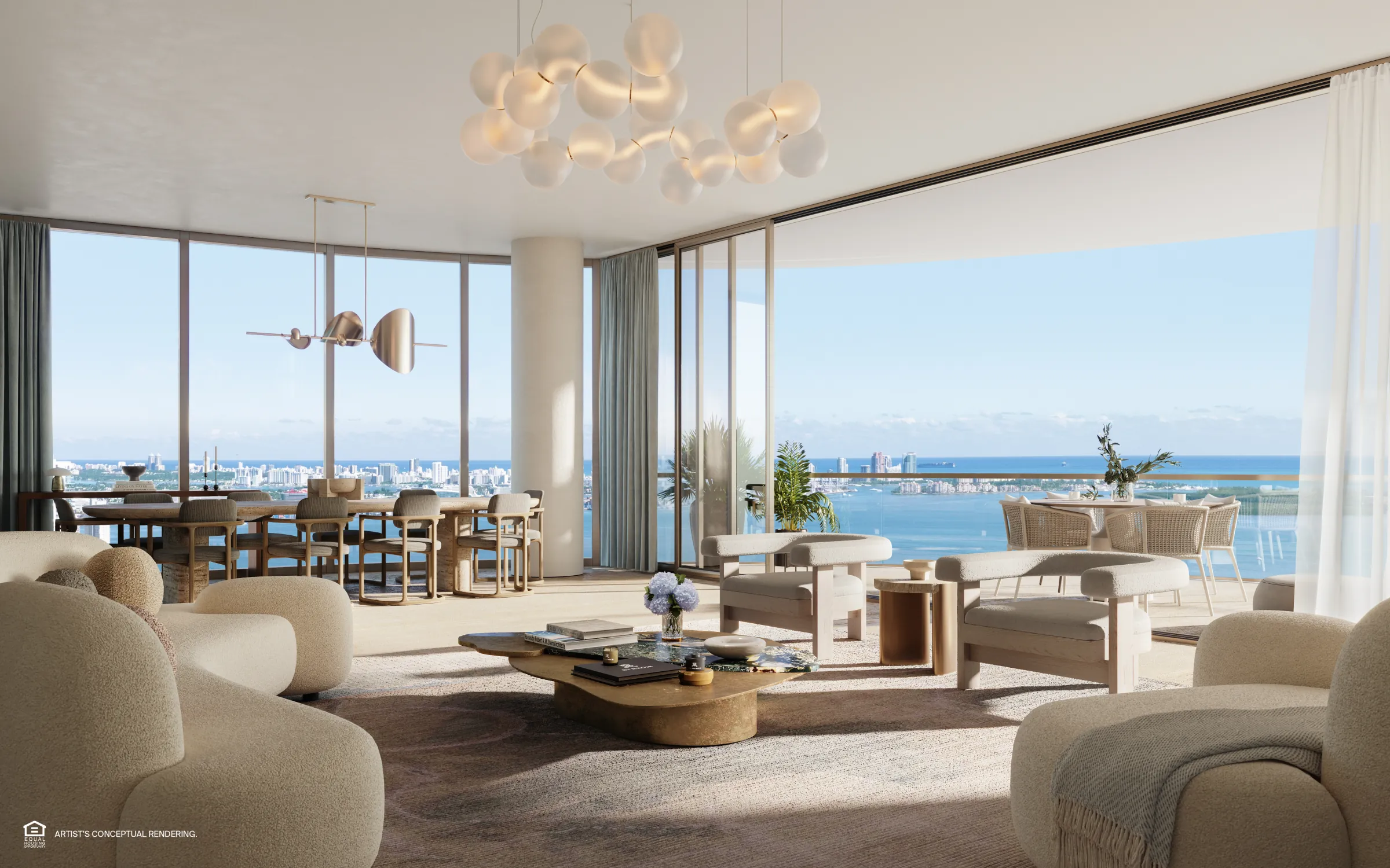A bayfront Miami living room with floor-to-ceiling views